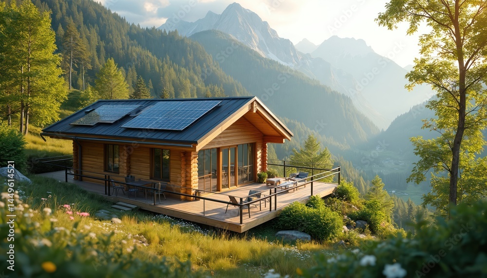 Eco-friendly spring chalet surrounded rich mountains. Solar panels on roof provide green energy. Wooden house with large windows, terrace overlooks mountain view. Calmness relaxation in summer