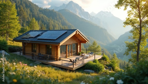 Obraz na płótnie Eco-friendly spring chalet surrounded rich mountains. Solar panels on roof provide green energy. Wooden house with large windows, terrace overlooks mountain view. Calmness relaxation in summer w salonie