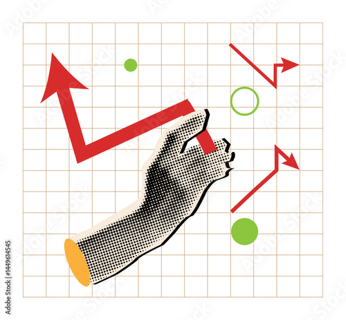 Hand holding chart arrow with halftone effect,business strategy concept,trendy collage element