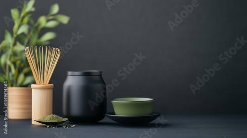 Serene matcha tea setup with accessories and greenery