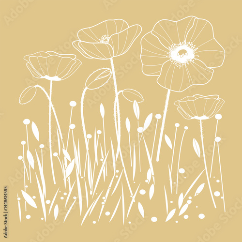 Poppies field wildflowers. Beige background illustration with poppy flowers and fresh spring grass. Vector illustration
