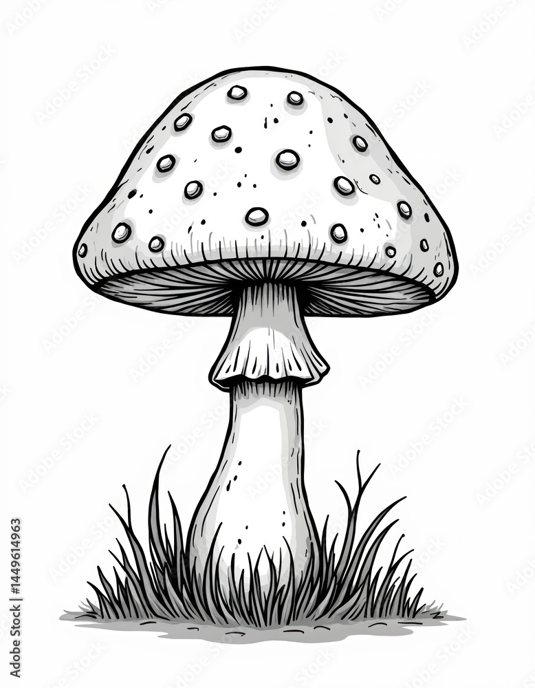 Illustration of mushroom on grass with cute, beautiful, funny design. Black and white drawing great for coloring book pages, nature themed design. Botany, mushrooming concept.