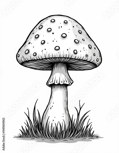 Obraz na płótnie Illustration of mushroom on grass with cute, beautiful, funny design. Black and white drawing great for coloring book pages, nature themed design. Botany, mushrooming concept. w salonie