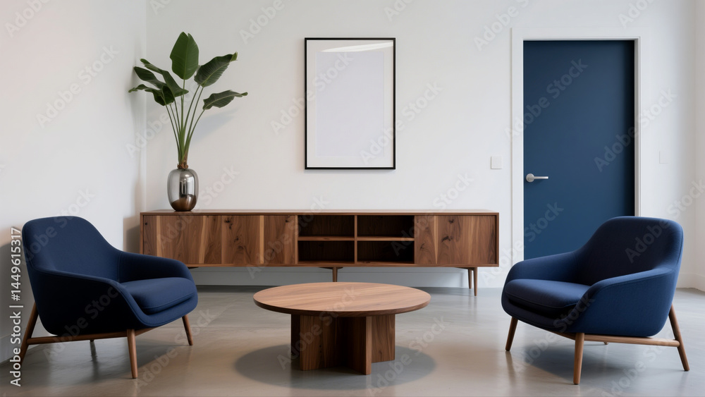 Fototapeta premium Cozy and Professional Lounge Navy Armchairs, Wooden Console, Modern Design