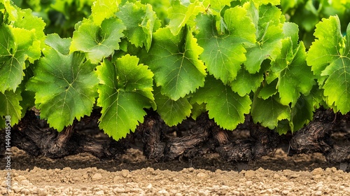 Lush Green Grapevine Leaves and Aged Vines in Vineyard