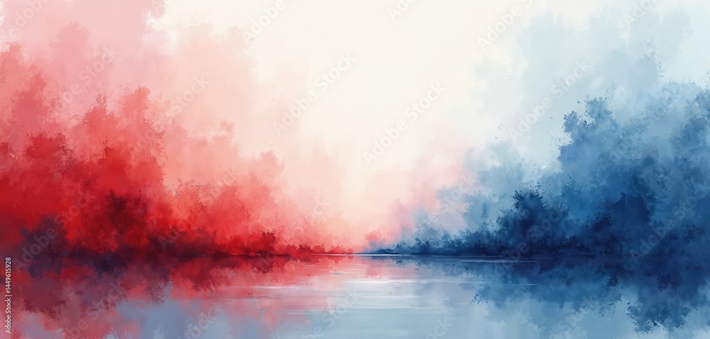Abstract watercolor painting. Red white, blue colors merge, forming artistic background. Ideal for design projects, illustrations, posters, web design, backgrounds, wallpaper print. Patriotic vibes,