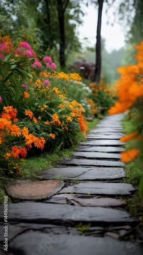 Wallpaper Mural Stone path winding through a colorful garden in a serene, slightly misty, enchanted forest setting. Torontodigital.ca