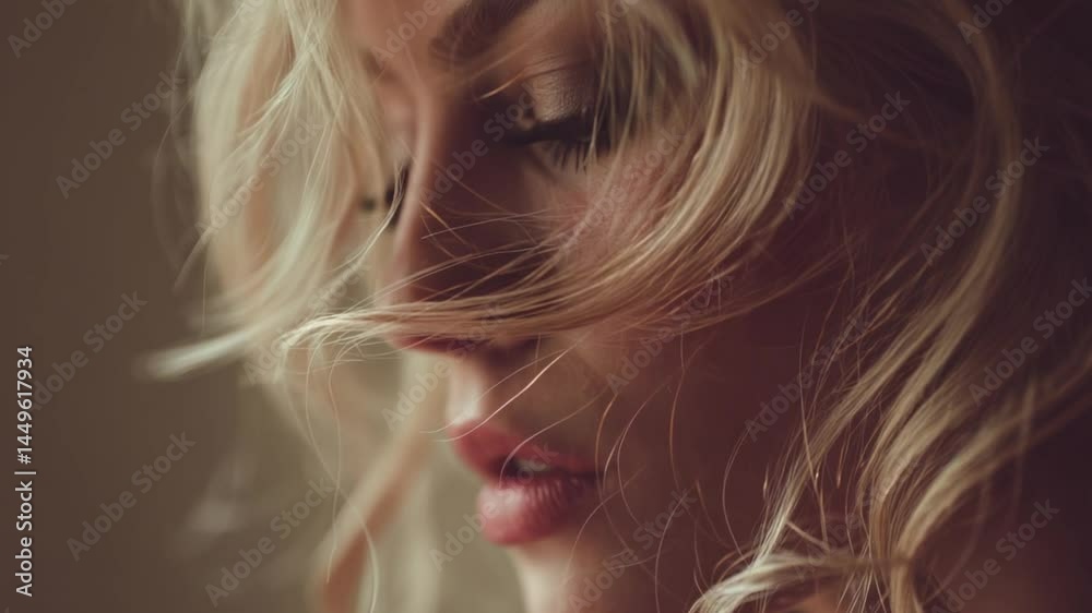 Close-up of a woman's face and flowing hair. Soft lighting highlights delicate features. A pensive expression Close-up of a woman's face and flowing hair. Soft lighting highlights delicate features. A pensive expression