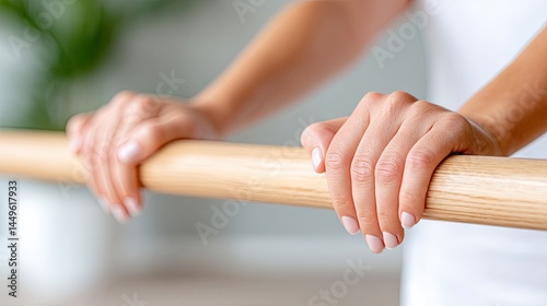 Physiotherapy rehabilitation balance concept. Close-up of hands gripping a wooden ballet barre in a dance studio setting.
