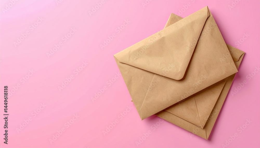 Mailing letters with brown envelopes on pink background flat lay photography creative environment close-up view Mailing letters with brown envelopes on pink background flat lay photography creative environment close-up view