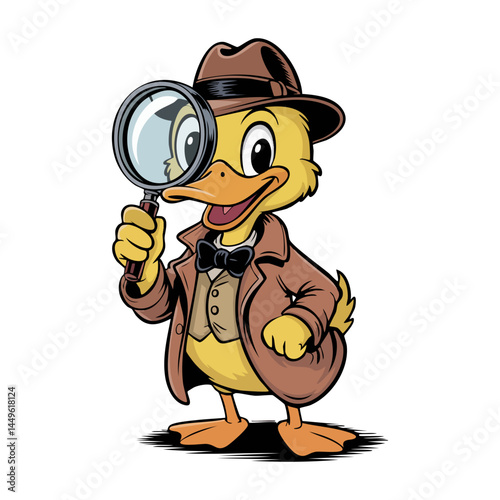 Vintage cartoon of a duck detective holding a magnifying glass.
