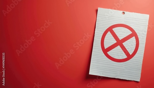 Obraz na płótnie Red no plagiarism symbol on white paper. Academic honesty, originality concept. Forbidden sign on document for anti-plagiarism, education, writing policy compliance. w salonie