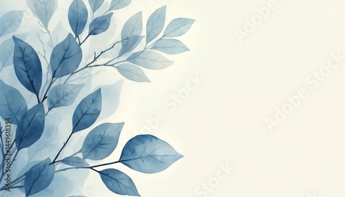 Delicate watercolor illustration depicts blue leaves arrangement. Artwork features calming aesthetic. Ideal for design projects, backgrounds, prints, cards or home decor, also for eco and green theme.