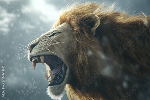 powerful lion in mid-roar, sharp canines exposed, wind in mane, photoreal photo