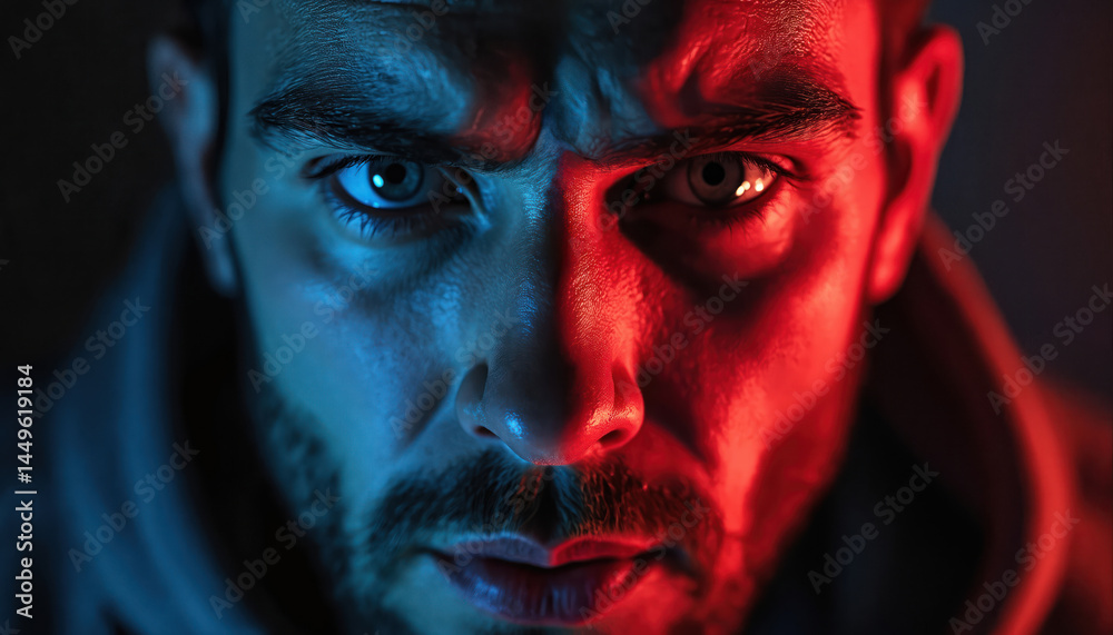Close-up portrait of man face lit dual color, red blue lights. Emotional face expression, focused eyes, intense gaze. Portrait studio shot, creative light, male person close up, dramatic look.
