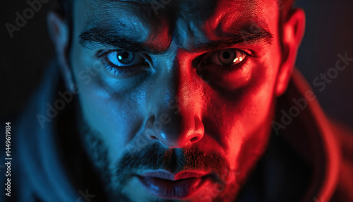 Obraz na płótnie Close-up portrait of man face lit dual color, red blue lights. Emotional face expression, focused eyes, intense gaze. Portrait studio shot, creative light, male person close up, dramatic look. w salonie