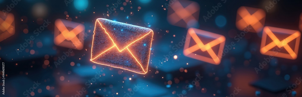 Dynamic animation AI-based email system generates responses. Futuristic interface manages digital communication. Neon envelopes glowing in dark. Modern tech innovation, cloud computing solutions.