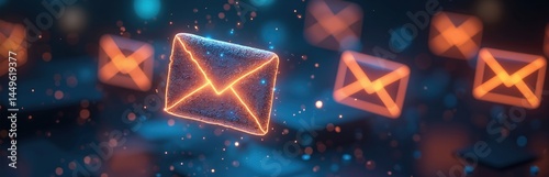 Obraz na płótnie Dynamic animation AI-based email system generates responses. Futuristic interface manages digital communication. Neon envelopes glowing in dark. Modern tech innovation, cloud computing solutions. w salonie
