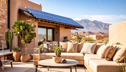 Outdoor patio with comfy seating, desert view