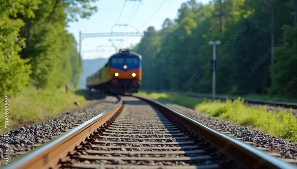 Train travels rail track next to green trees forest. Locomotive on railroad. Transportation industry, nature, journey. Scenic railway trip. Clean environment. Travel concept.