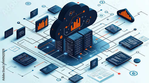 Cloud computing infrastructure.  A complex network of interconnected servers, data storage, and cloud services