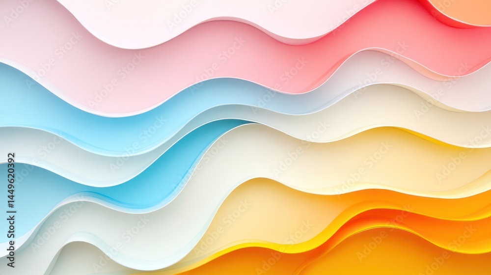 A vibrant abstract design featuring layered, wavy shapes in pastel colors.