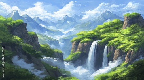 Lush valley with waterfall and mountains