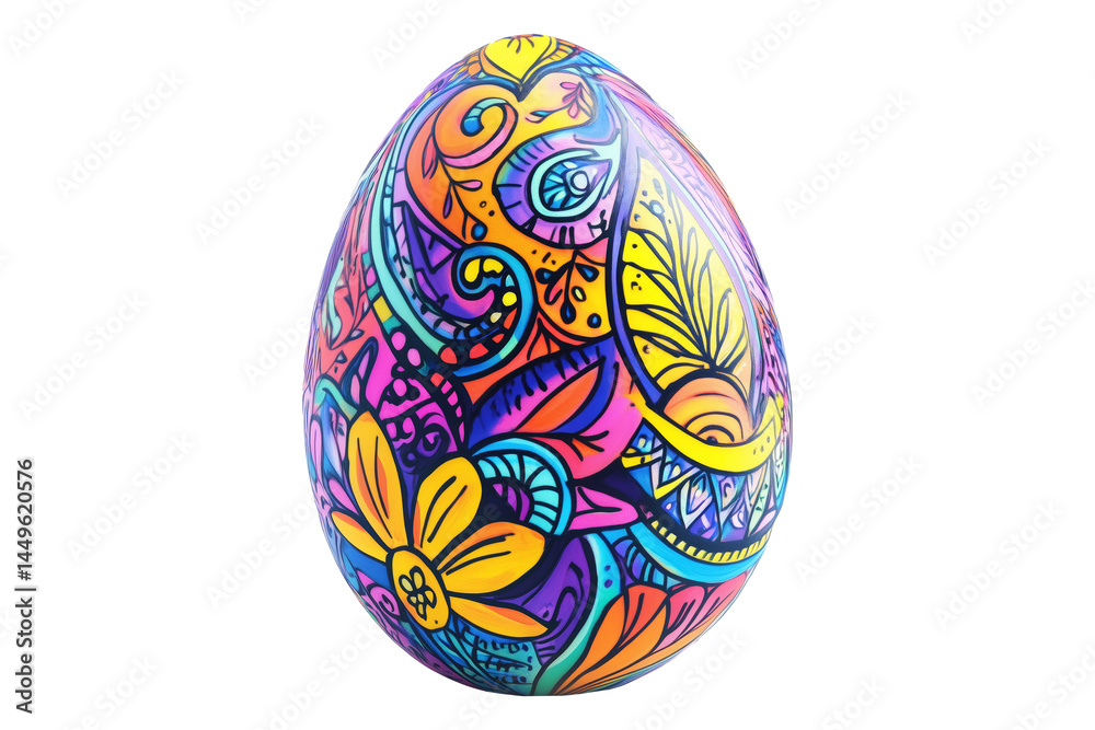 Decorative Easter egg with intricate floral patterns in vibrant colors isolated on white transparent background. Concept of festive celebration, art, and tradition