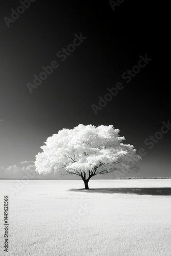 Solitary tree stands alone in field against dark sky in stark black and white