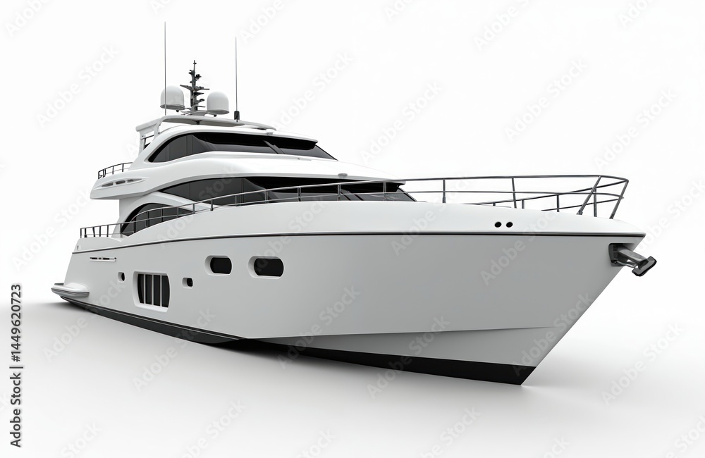 White pleasure yacht isolated white background. Luxurious vessel with modern design, perfect for sea travel, summer vacation. 3D render of a ship, motorboat on white background.