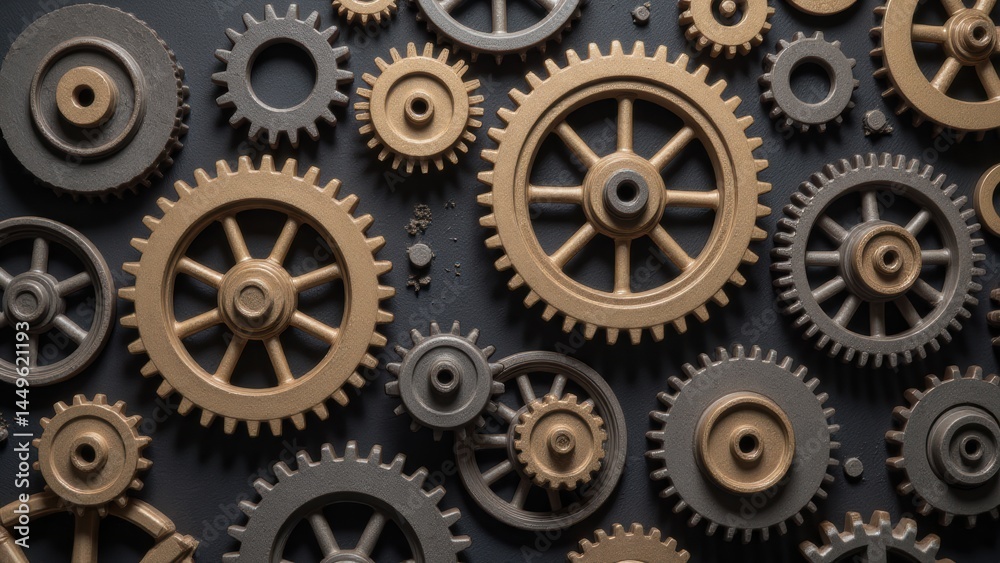 Gears and Cogs: Steampunk Mechanics, Macro Close-up of Metal Cogwheels on Black Background Gears and Cogs: Steampunk Mechanics, Macro Close-up of Metal Cogwheels on Black Background
