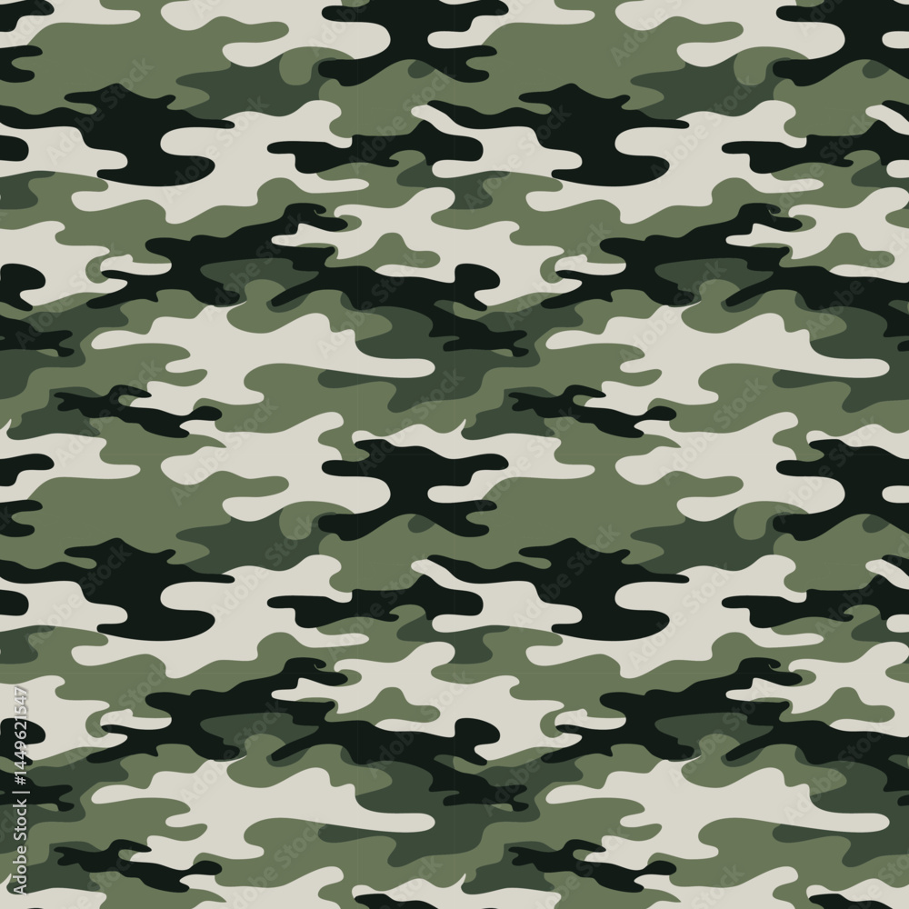 Camouflage pattern with green, khaki, and black colors, used for military and outdoor activities