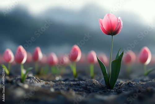 proud pink tulip standing taller than others in field, bright lighting, photoreal, transparent background