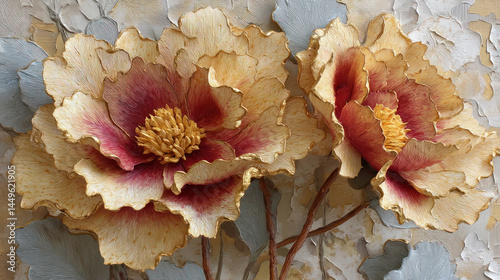 Beautiful autumn beige and red flower on abstract decorativ background as wallpaper illustration, Elegant Beige Red Flower in oil Painting Style	