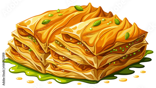 Golden layers of crisp phyllo pastry and sweet syrup.
Crushed pistachios peek through buttery folds.
Baklava isolated on a clean white background.
Ideal for dessert-themed vector compositions.
