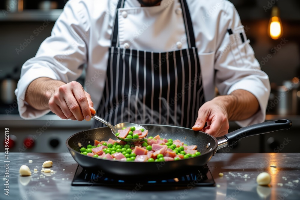 Chef in modern kitchen preparing fava beans with ham (Habas con Jamon) in frying pan, focus on hands. Concept of culinary art featuring fava beans with ham. Chef in modern kitchen preparing fava beans with ham (Habas con Jamon) in frying pan, focus on hands. Concept of culinary art featuring fava beans with ham.