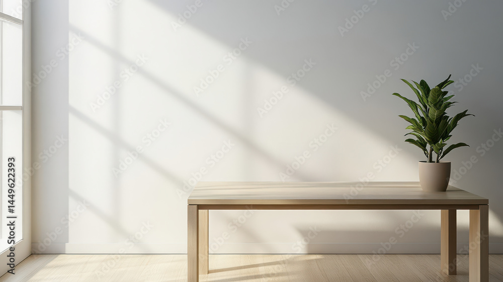 Fototapeta premium Brightly lit modern interior with wooden table and potted plant