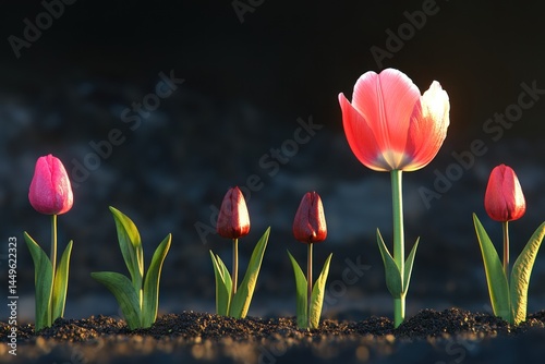 proud pink tulip standing taller than others in field, bright lighting, photoreal, transparent background