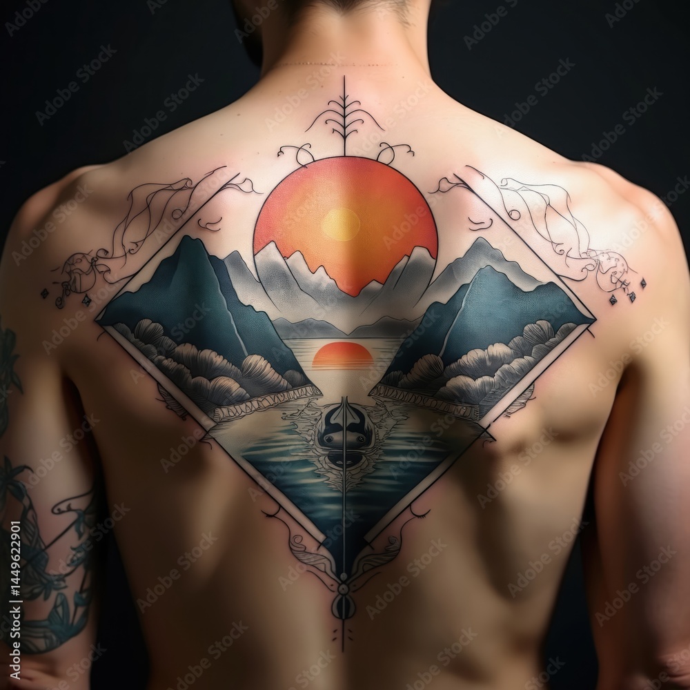 Man back tattoo. Illustration design of landscape mountains, sea, sun. Tattoo art on naked body. Tattooed male torso with body art tattoo in tattoo studio. Modern body decoration.