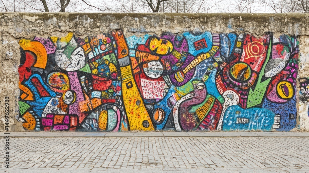 Obraz premium Vibrant street art mural adorns a city wall.