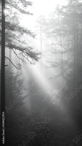 Grayscale Forest Scene with Sunlight Beams