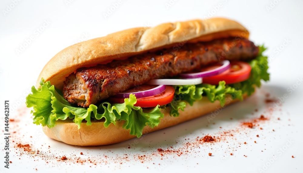 Delicious Turkish doner kebab sandwich with fresh tomatoes onions lettuce. Grilled meat wrapped in bread. Mediterranean cuisine lunch fast food dinner. Ready to eat meal. Isolated on white background. Delicious Turkish doner kebab sandwich with fresh tomatoes onions lettuce. Grilled meat wrapped in bread. Mediterranean cuisine lunch fast food dinner. Ready to eat meal. Isolated on white background.