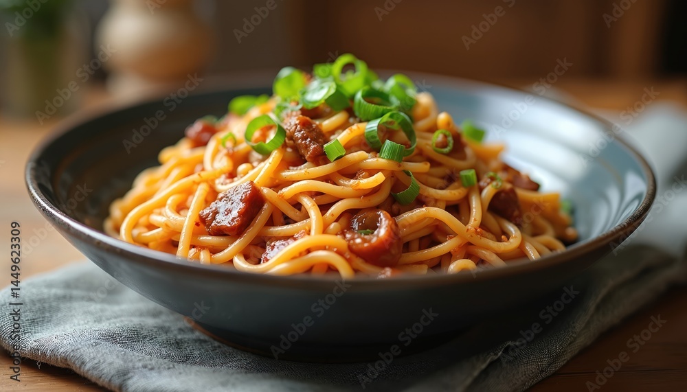 Appetizing noodles with soy bean paste sauce on plate. Long, chewy noodles are topped with savory sauce. Illustration of delicious classic chinese dish, asian cuisine food.