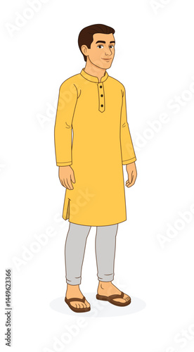 Three Quarter Front View of Indian Man in Yellow Kurta – Casual Stance and Traditional Attire.  ⅓ Front View of Indian Man Character. Indian Man Cartoon Character. Indian Man Vector Character. 
