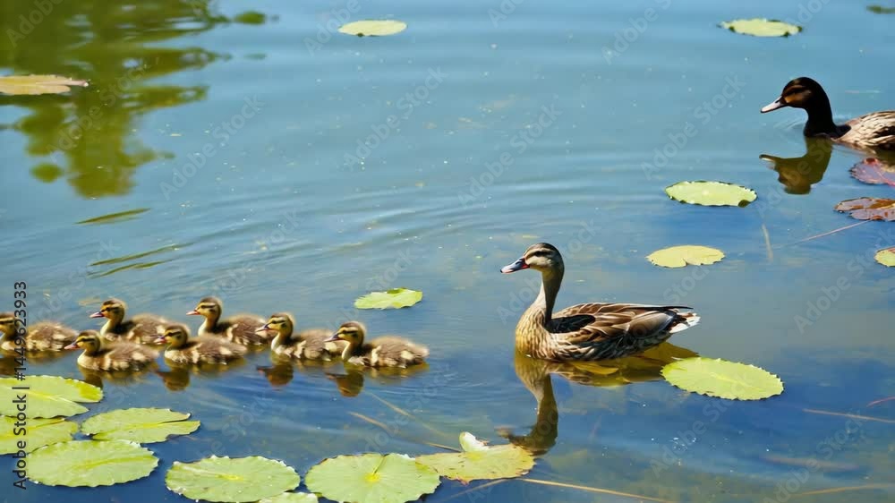 Group of ducklings following mother through shallow pond with lily pads. 