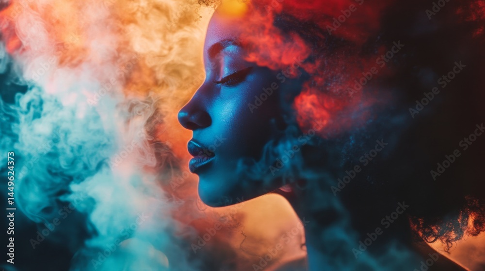 Abstract portrait of a woman with colourful smoke and vapor around her. Abstract portrait of a woman with colourful smoke and vapor around her.