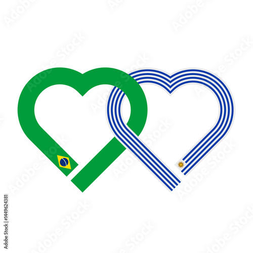 heart shaped ribbon of brazil and uruguay flags intertwined. vector illustration isolated on white background