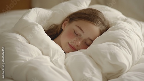 A young girl sleeping peacefully in a soft, white comforter