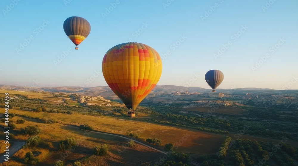 Fototapeta premium Colorful hot air balloons soaring over a picturesque landscape.