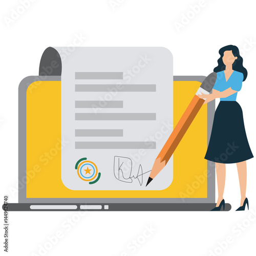 Businesswoman signing digital signature on computer completing electronic agreement